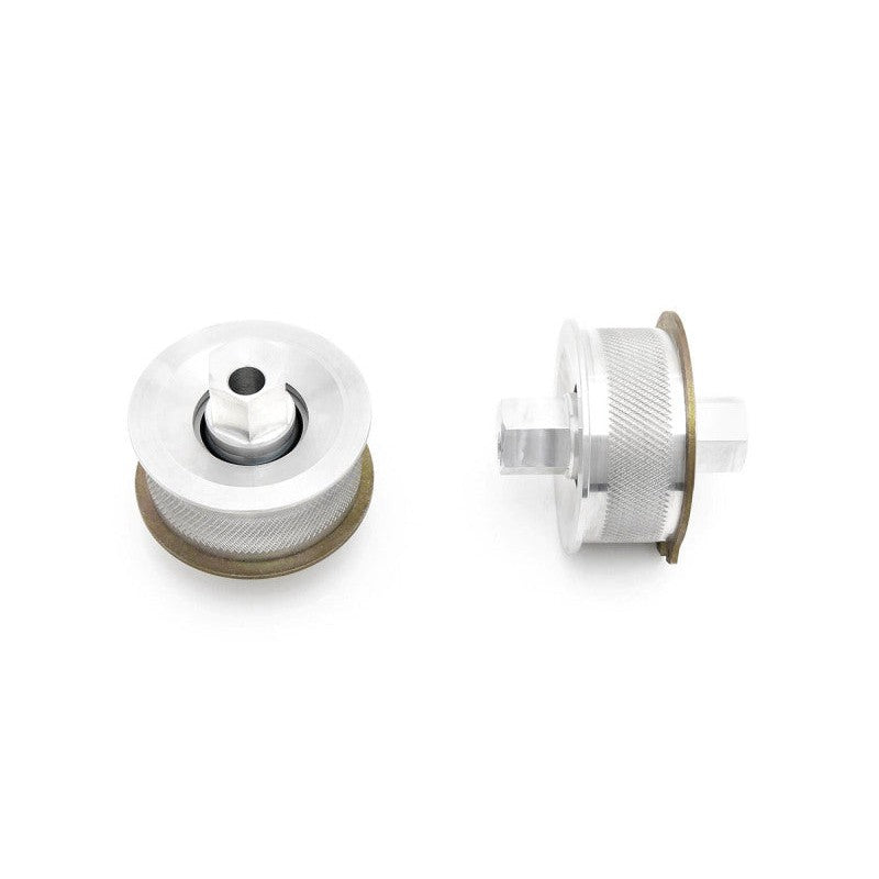 SPL Parts adjustable front caster rod bushings with 1-inch FK spherical bearings and CNC machined aluminum offset spacers.