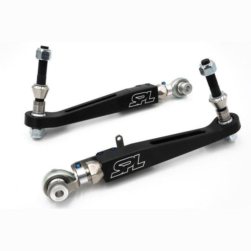 SPL Parts front lower control arms with black anodized finish and chromoly double adjusters for BMW G8X AWD
