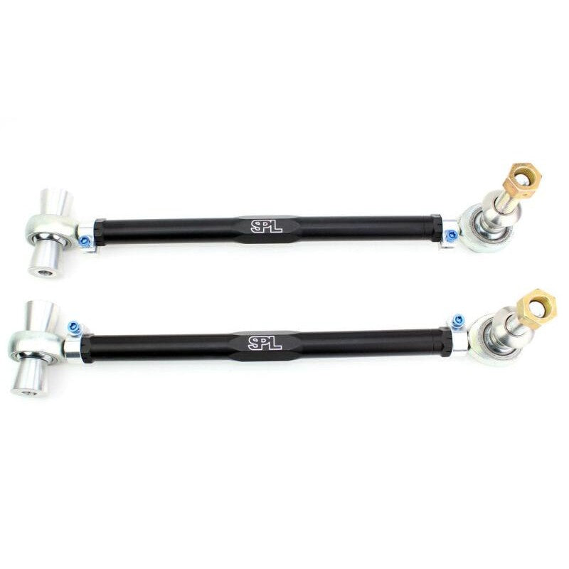 Black anodized 2024 aluminum SPL Parts front tension rods with blue titanium hardware for BMW G8X M3 and M4.