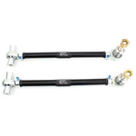 Black anodized 2024 aluminum SPL Parts front tension rods with blue titanium hardware for BMW G8X M3 and M4.