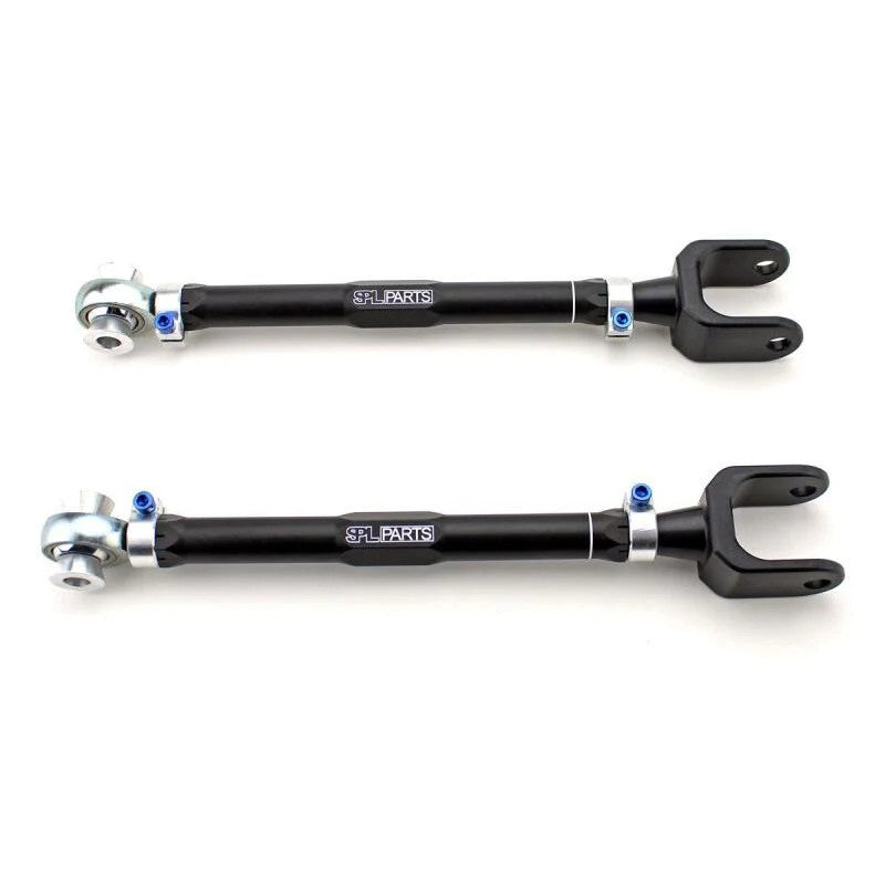 SPL Parts gun-drilled aluminum rear toe arms with blue titanium hardware for Nissan 240SX and 300ZX.