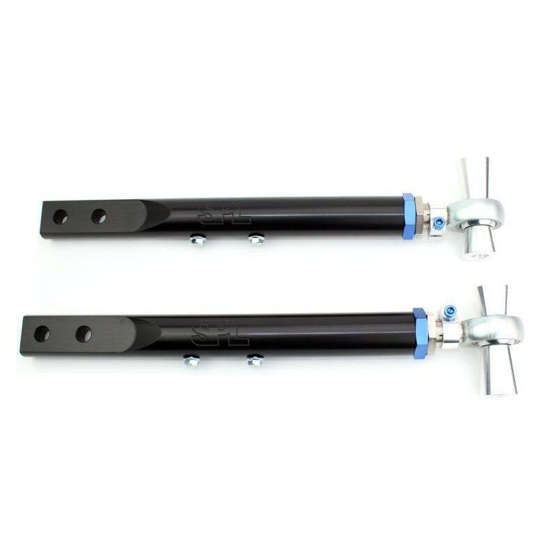 Billet 6061-T6 aluminum front tension rods with blue titanium hardware and FK spherical bearings.