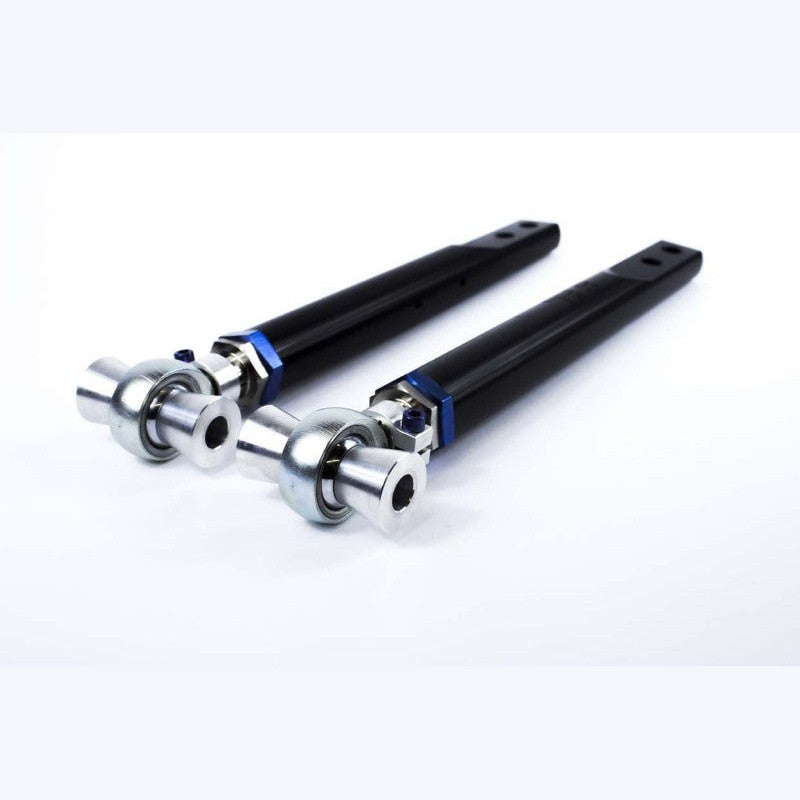 Billet aluminum front tension rods for 1995-1998 Nissan 240SX with blue titanium hardware and spherical bearings.