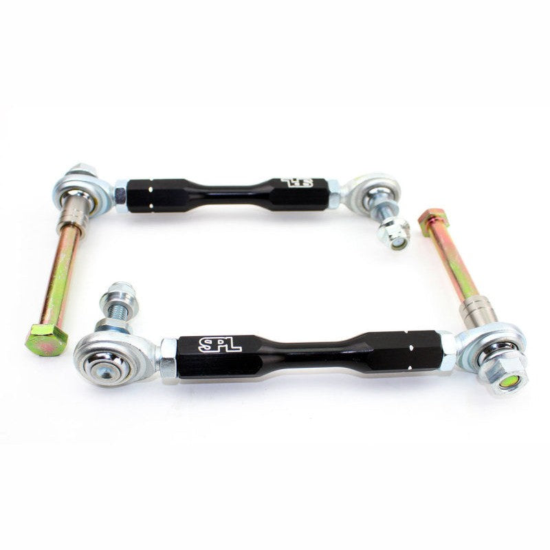 Black anodized SPL Parts adjustable front sway bar endlinks with Teflon-lined FK bearings for Porsche 911 and Cayman