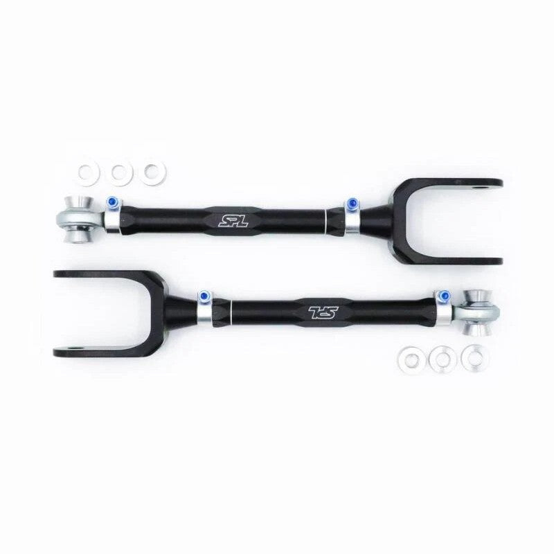 SPL Parts adjustable front trailing arms with gun-drilled aluminum rods and blue titanium hardware for Porsche.