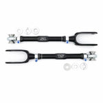 Blue and silver SPL Parts adjustable caster trailing arms with titanium hardware for Porsche 911, Boxster, and Cayman.
