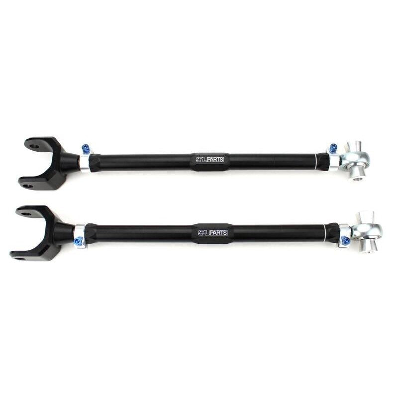 Gun-drilled 2024 aluminum rear toe arms with blue titanium hardware and FK rod ends for Nissan 370Z and Z.