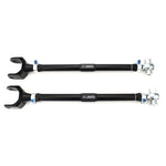 Gun-drilled 2024 aluminum rear toe arms with blue titanium hardware and FK rod ends for Nissan 370Z and Z.