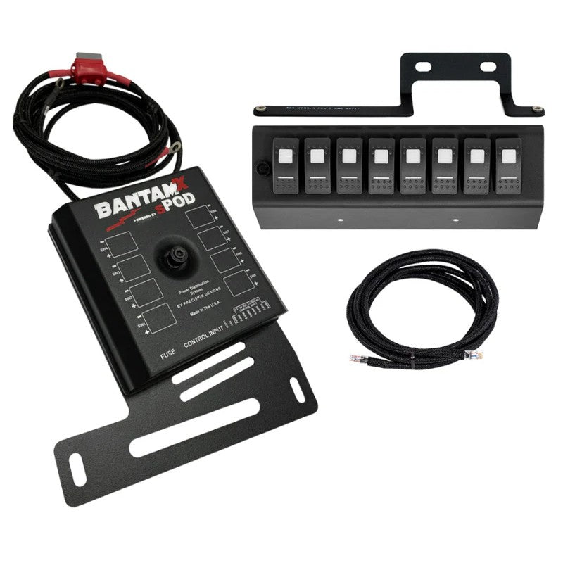 sPOD BantamX 8-circuit power distribution module and blue LED illuminated switch panel for 2009-2018 Jeep Wrangler JK