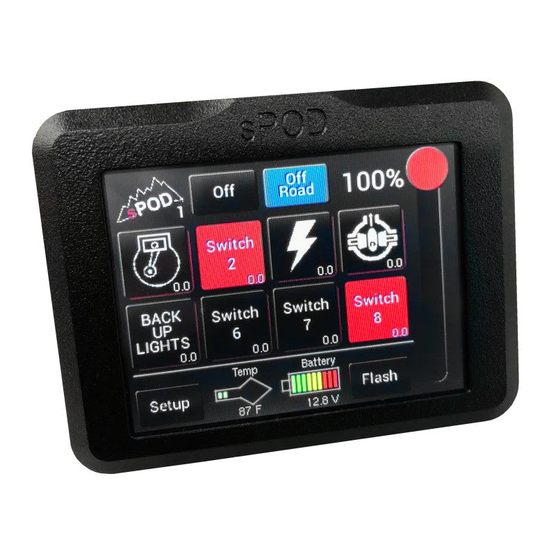 sPOD 3.5-inch LED-backlit TFT LCD touchscreen controller in a black billet aluminum case for 8-circuit BantamX systems.