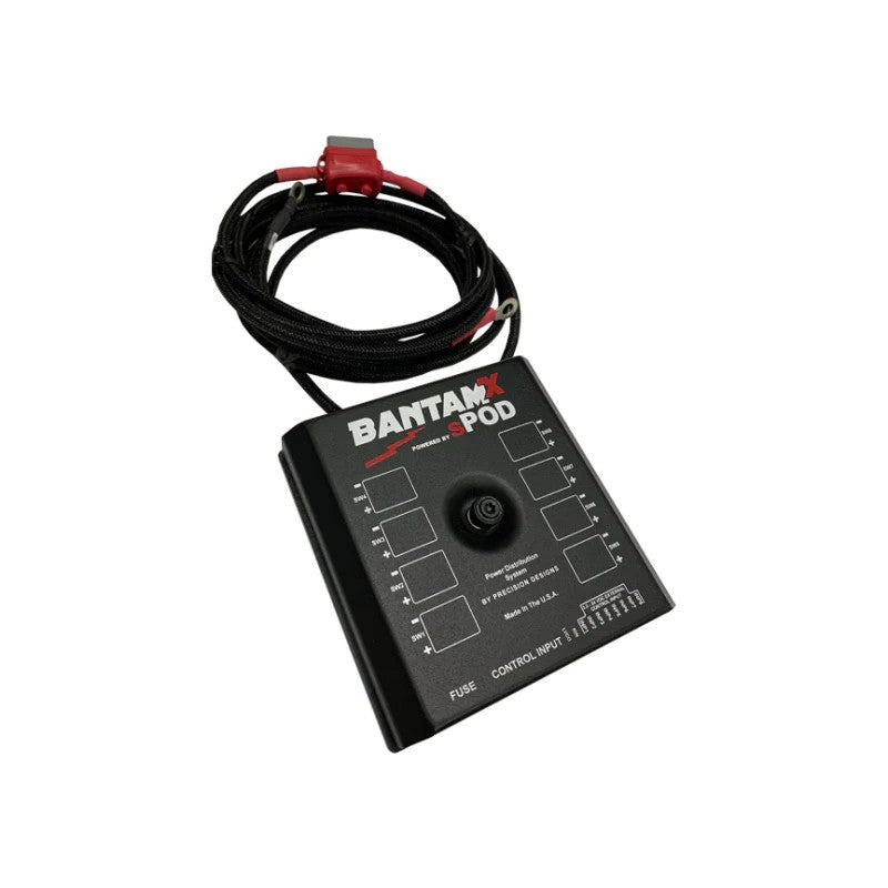 sPOD BantamX 8-circuit power distribution module showing terminal block and 36-inch braided battery cables.