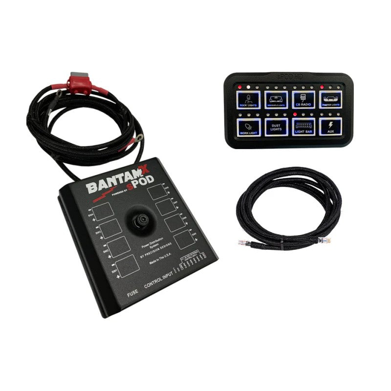 sPOD BantamX HD 8-circuit control system module with HD switch panel and 36-inch battery cables.
