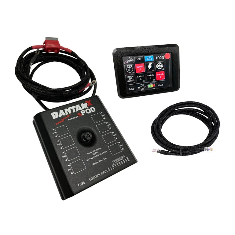 sPOD BantamX 8-circuit control module with digital touchscreen and 36-inch braided copper battery cables