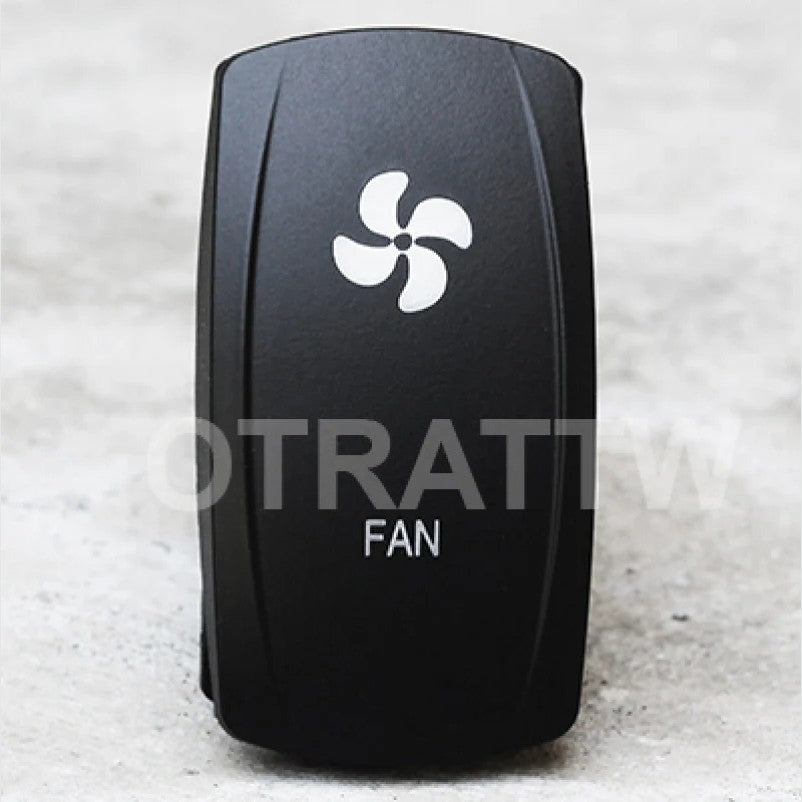 Black rocker switch with a white laser-etched fan graphic from sPOD, part number 860425.