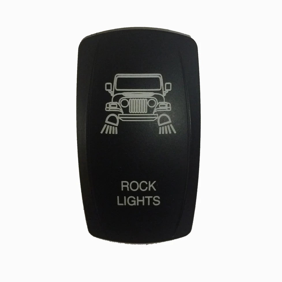 sPOD Rocker TJ switch with laser-etched Rock Lights text and off-road lighting icon