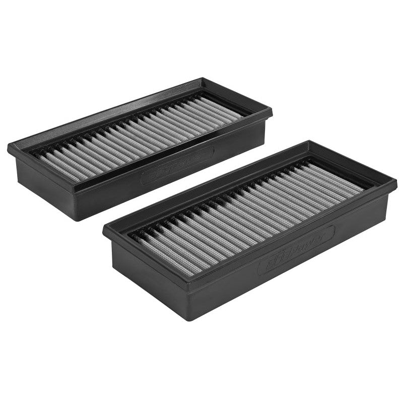 Pair of aFe Magnum FLOW Pro DRY S performance air filters with white synthetic media and black frames.