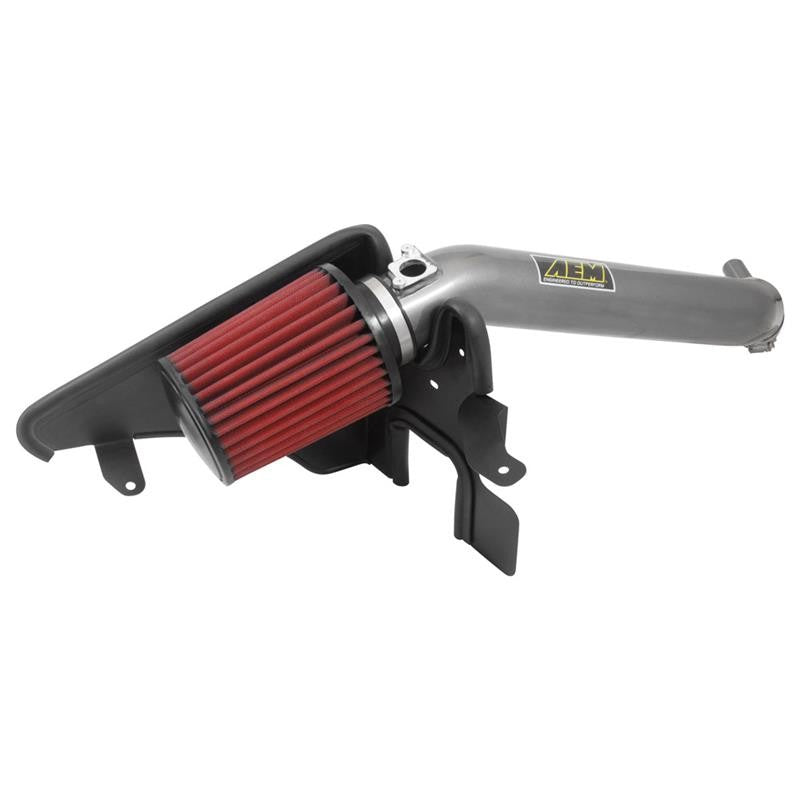 AEM 21-791C gunmetal gray mandrel-bent aluminum air intake with a red Dryflow filter and black heat shield.