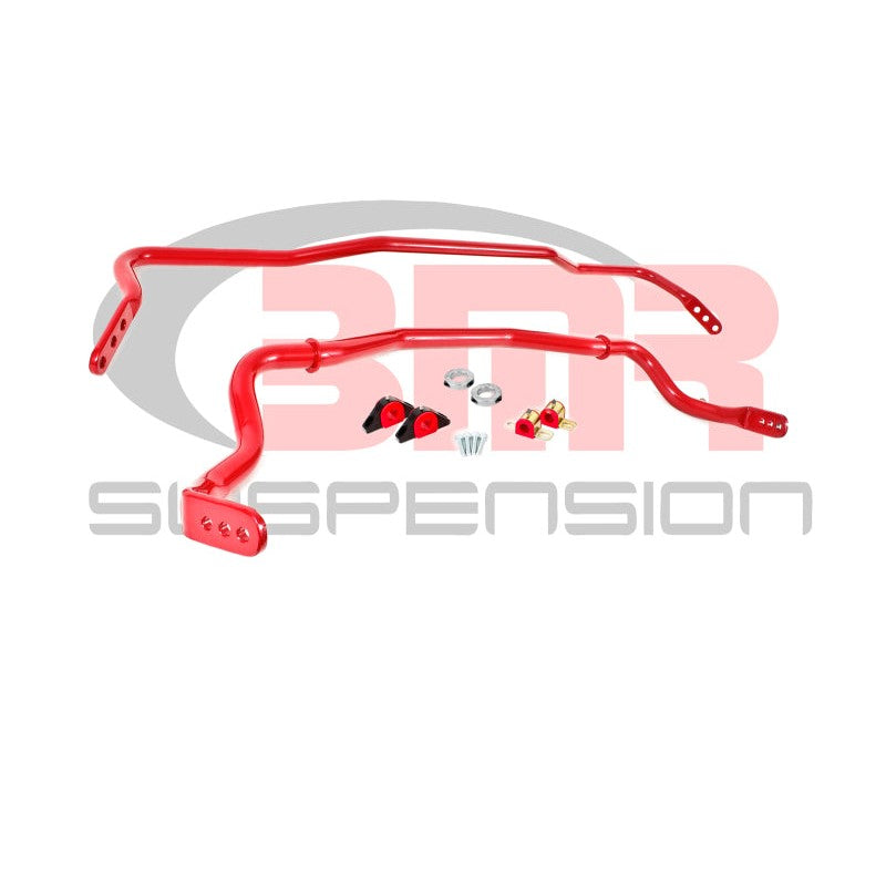 Red BMR Suspension front and rear sway bar kit with polyurethane bushings for 2015-2024 Ford Mustang.