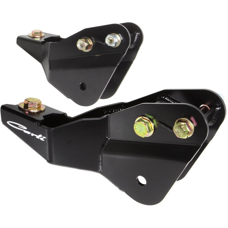 Carli black powder-coated 1/4-inch steel radius arm drop brackets for 2017-2023 Ford Super Duty