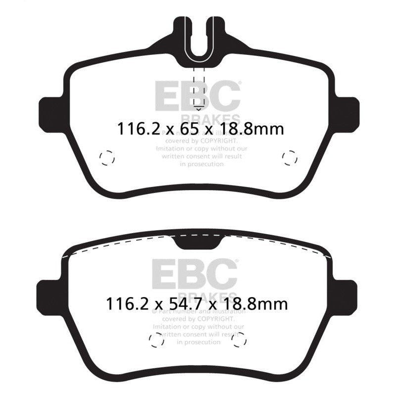 EBC Redstuff ceramic rear brake pads with red finish and abrasive Brake-In surface coating.