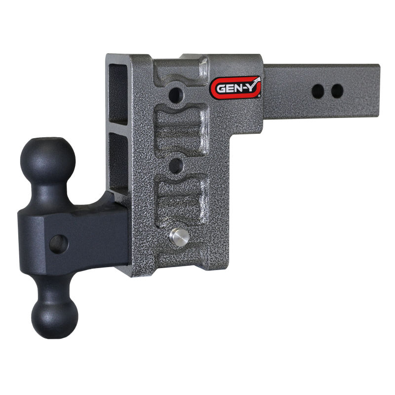 Gen-Y Mega Duty GH-613 adjustable drop hitch with 2.5-inch shank, 6-inch drop, and GH-061 dual-ball mount.