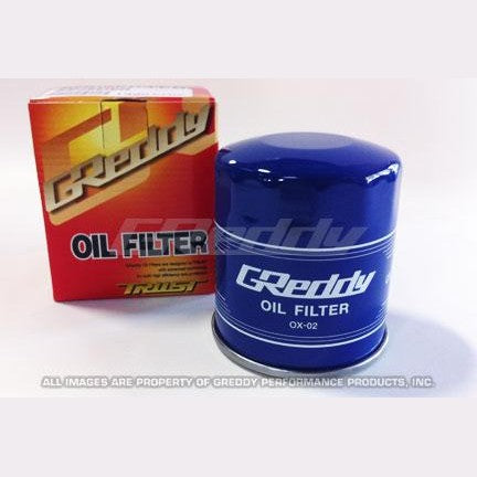 GReddy OX-2 performance oil filter with blue finish and 13901102 part number logo