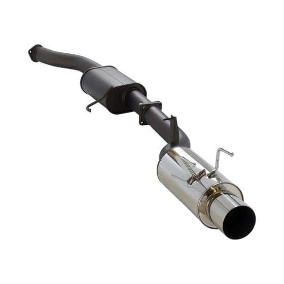 HKS Hi-Power 409 cat-back exhaust system featuring SUS409 piping and a polished SUS304 stainless steel muffler tip.