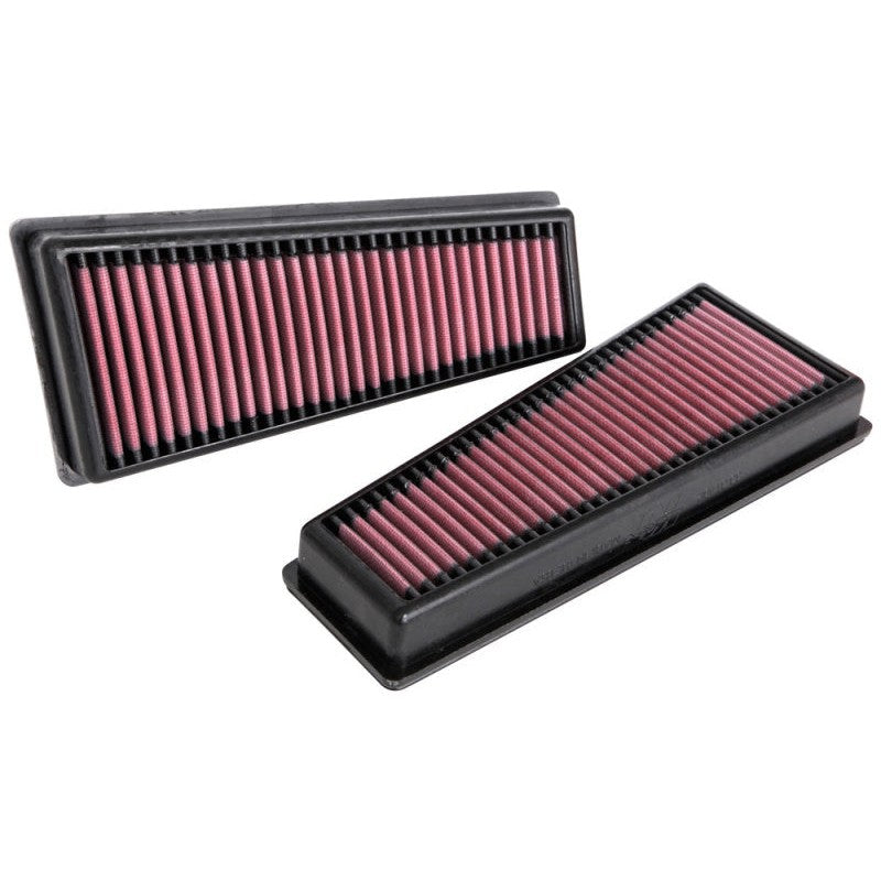 K&N 33-3140 high-flow replacement air filter with red pleated oiled cotton media and black rubber frame.