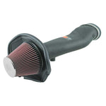 K&N 57-2571 performance intake system with black HDPE tube and red conical oiled cotton filter for 5.4L Shelby GT500.