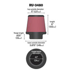 K&N RU-3480 universal round tapered air filter with red pleated media and 4.5 inch black rubber flange.