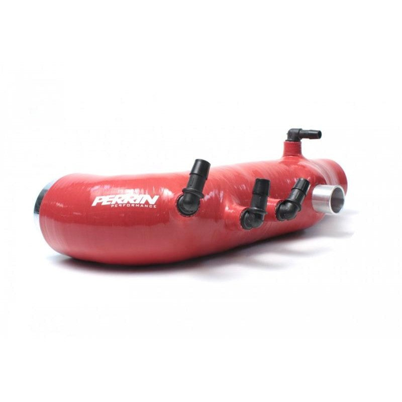 Red PERRIN Turbo Inlet Hose with multiple vacuum port connections for Subaru Forester XT and Legacy GT.