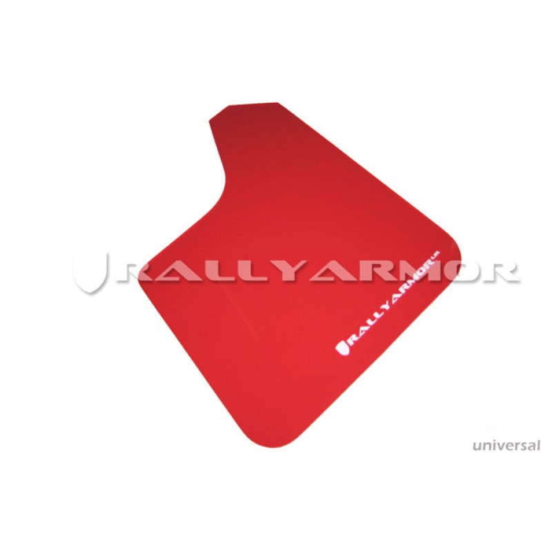 Set of four red Rally Armor UR polyurethane mud flaps with white logos for universal vehicle fitment