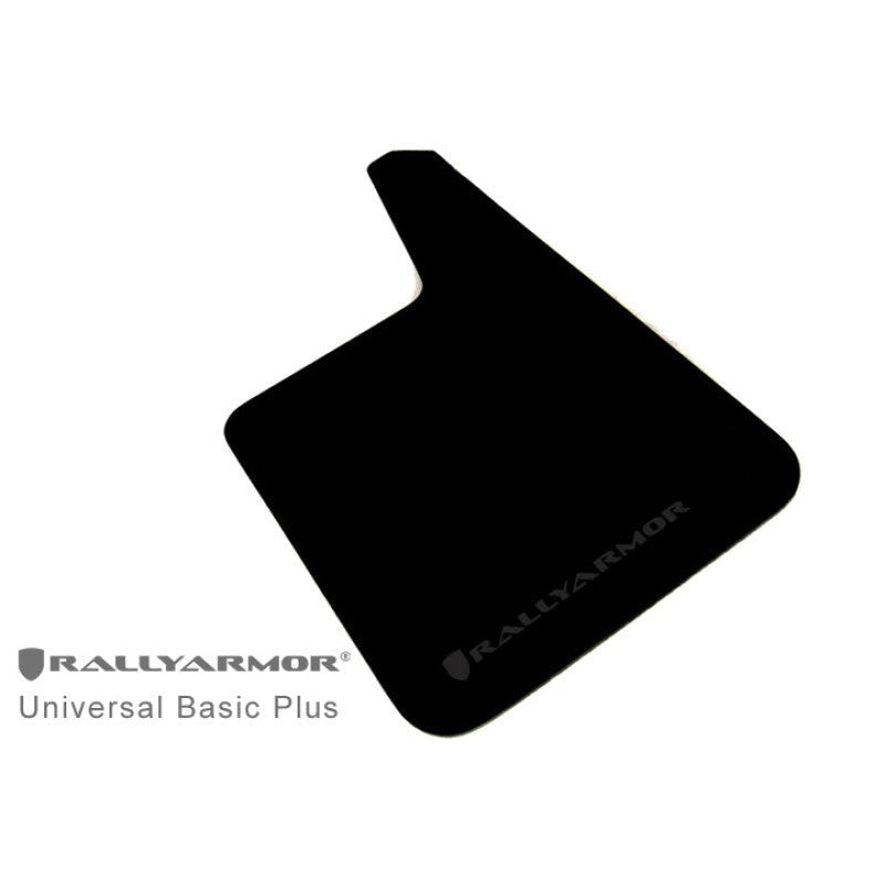 Set of four Rally Armor Basic Plus universal black mud flaps featuring black logos.