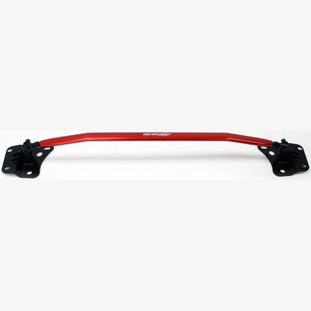 Tanabe Sustec rear strut tower bar with polished center bar and red mounting brackets for Honda Prelude.