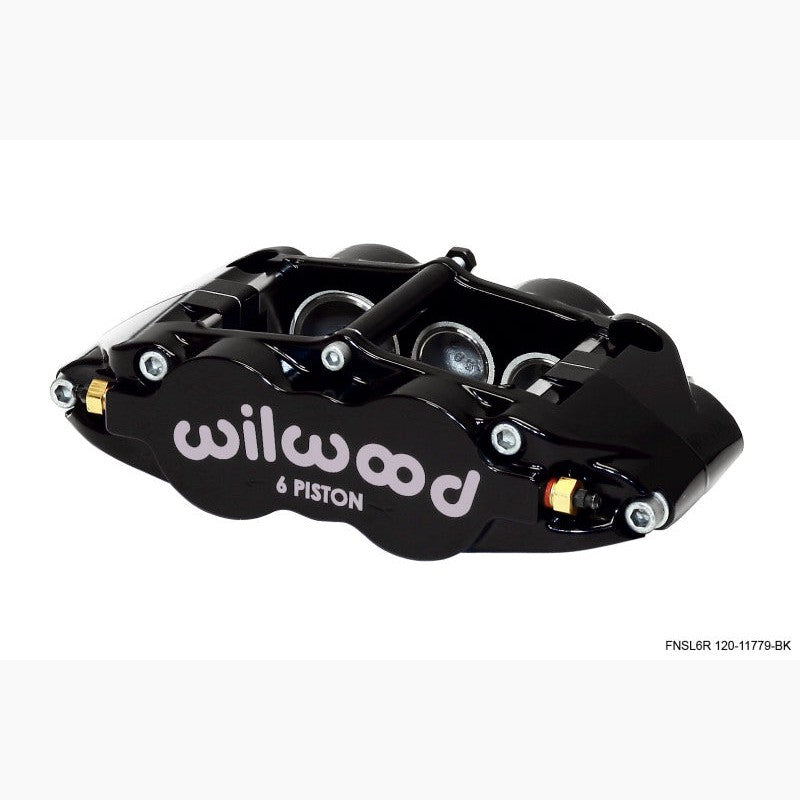 Black Wilwood Forged Narrow Superlite 6R left-hand 6-piston brake caliper showing radial mounting points.