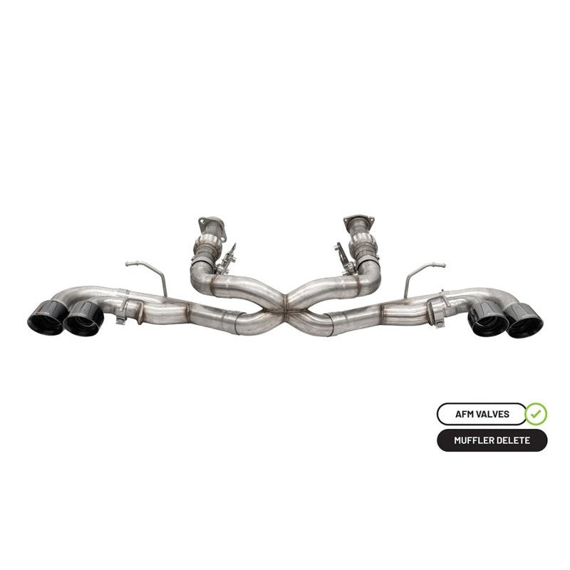 Corsa Xtreme 3-inch cat-back exhaust for Corvette C8 featuring black 4.5-inch quad tips and AFM valve assemblies.