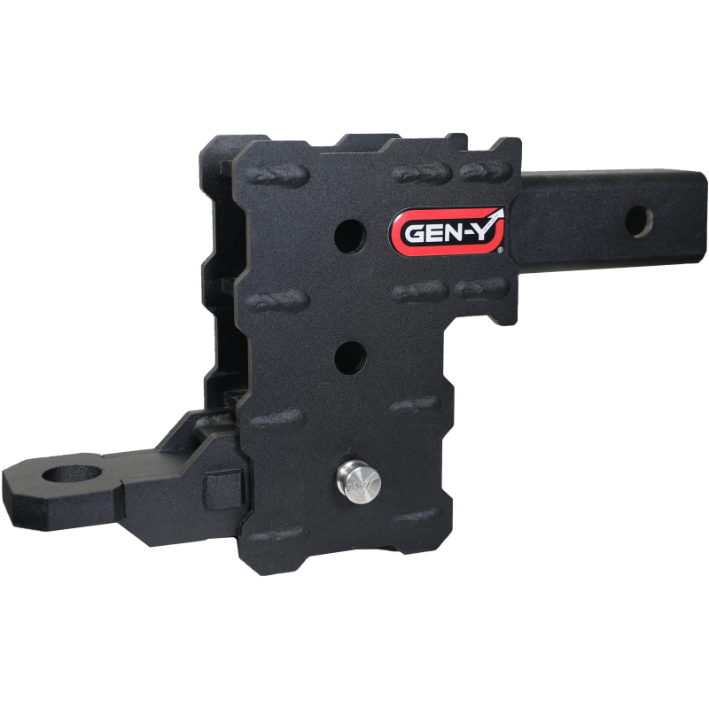 Gen-Y Phantom Series 2-inch hollow shank adjustable drop hitch with 3-pocket design and included ball mount.