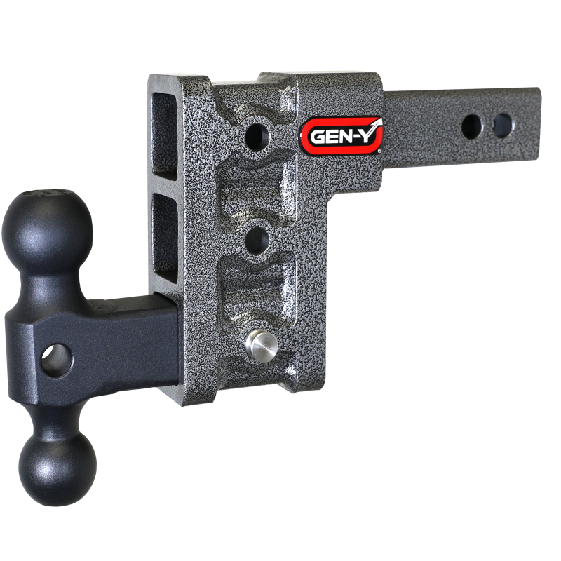 Gen-Y Mega Duty adjustable drop hitch with 2-inch shank and GH-031 dual-ball attachment.