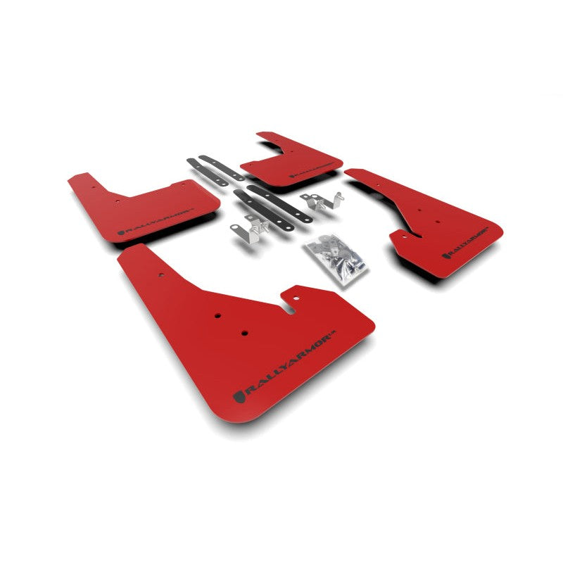 Four red Rally Armor UR polyurethane mud flaps with black logos and mounting hardware for 2019-2026 Toyota Corolla.