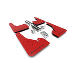 Four red Rally Armor UR polyurethane mud flaps with black logos and mounting hardware for 2019-2026 Toyota Corolla.