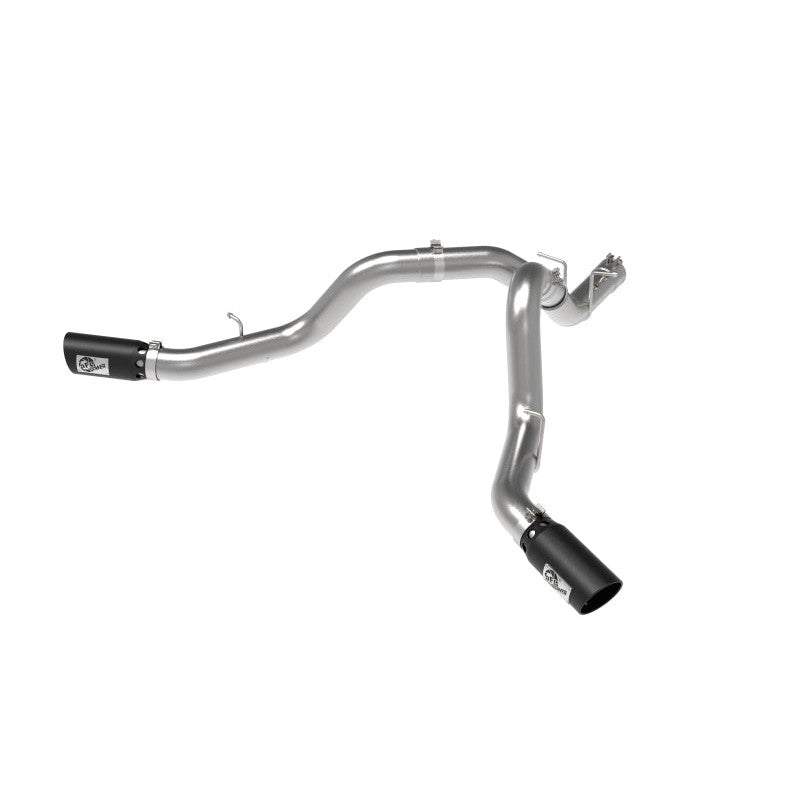aFe Power Large Bore-HD 4-inch 409 stainless steel DPF-back exhaust with dual 5-inch black intercooled tips.