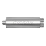Polished stainless steel Gibson SFT Superflow muffler featuring a center inlet and dual round outlets.