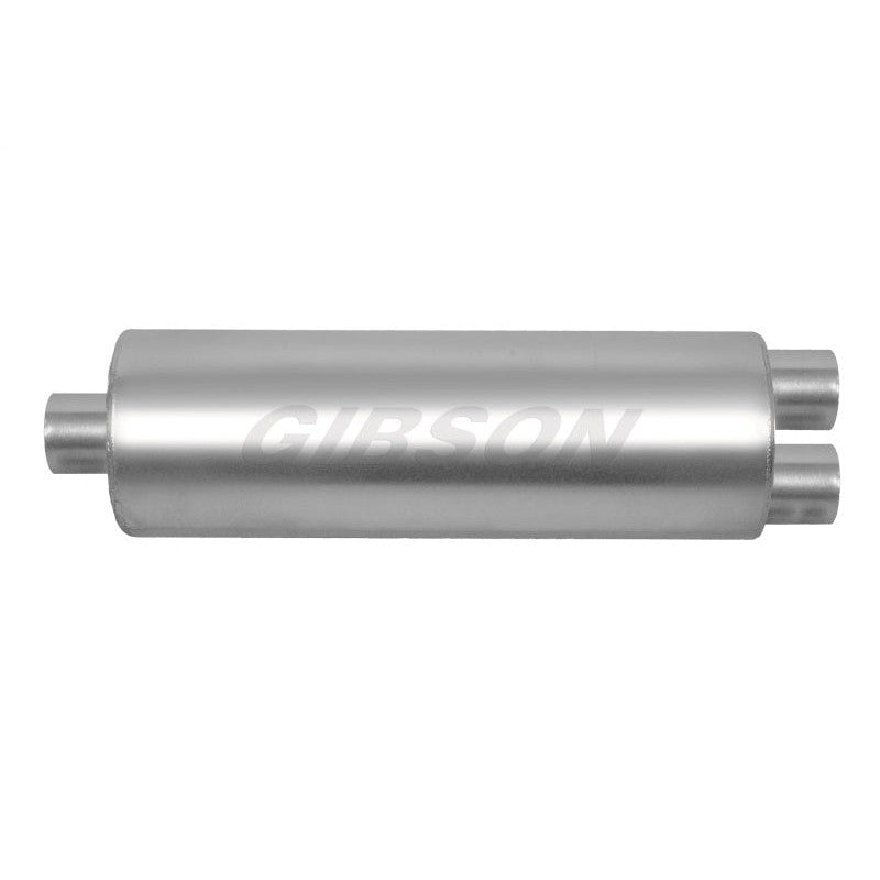 Polished stainless steel Gibson SFT Superflow muffler featuring a center inlet and dual round outlets.