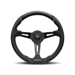 Momo Gotham 350mm steering wheel featuring black leather wrap and three black spokes with central horn button.