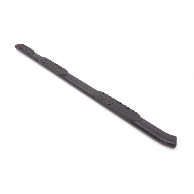 Lund 5-inch oval wheel-to-wheel black powder-coated steel nerf bars with non-slip rubber step pads.