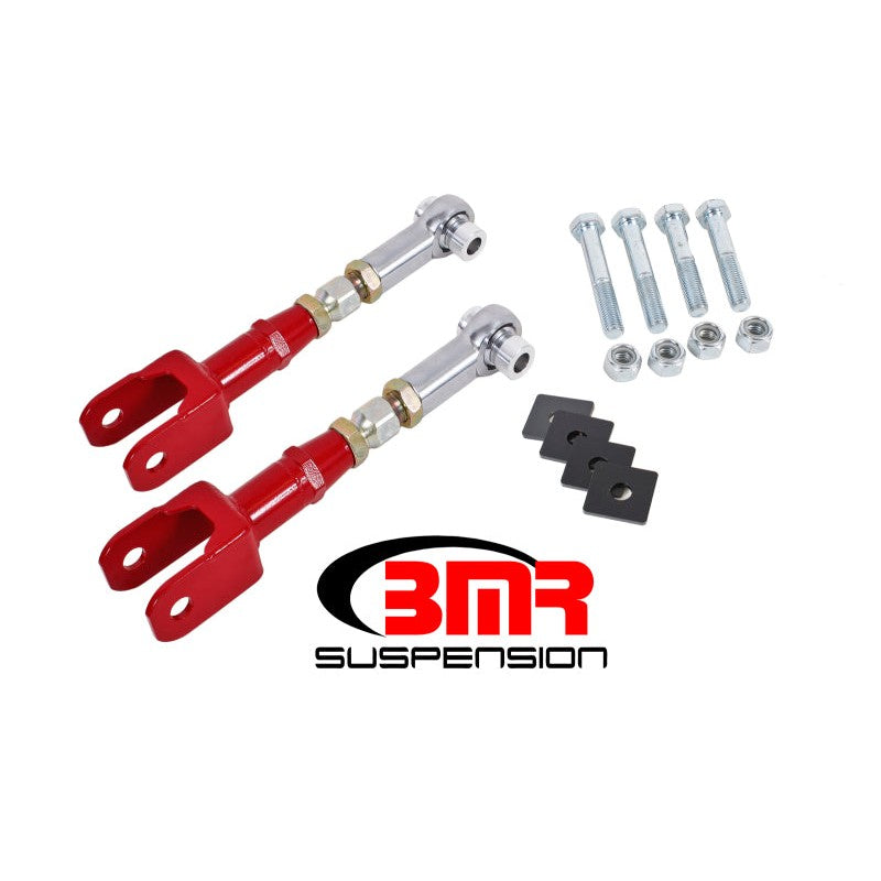 BMR red powdercoated on-car adjustable rear toe rods with chrome-moly rod ends and aluminum spacers for S550 Mustang.