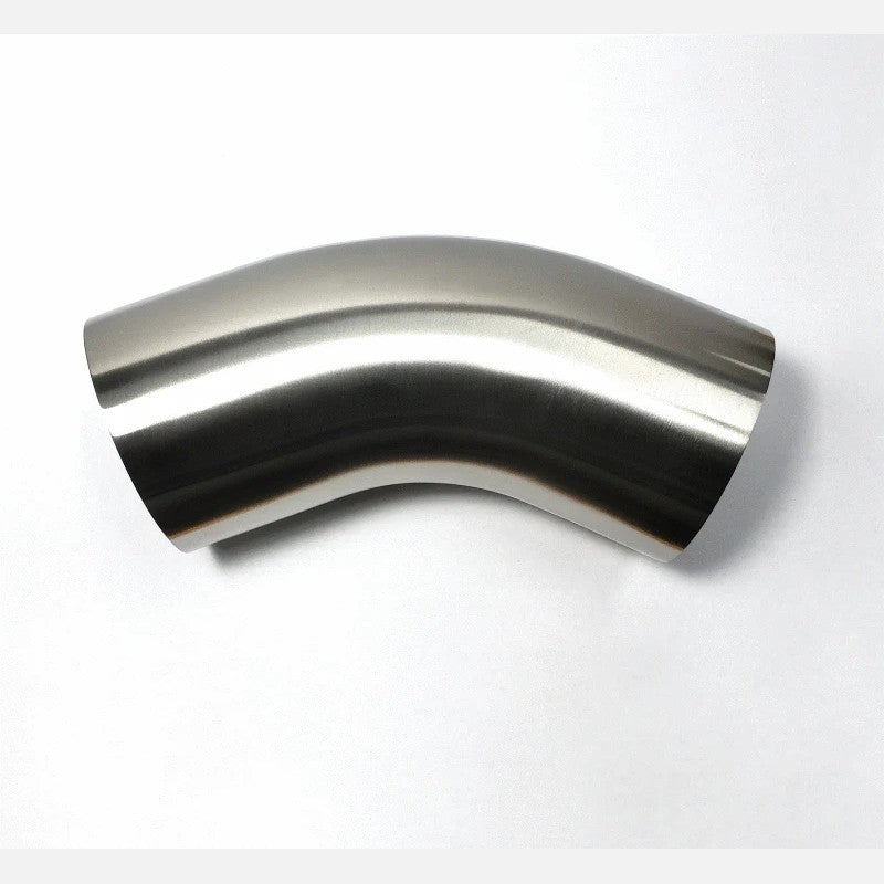 Stainless Bros 1.88 inch diameter 45-degree stainless steel mandrel bend with 1.88 inch center line radius and straight legs.