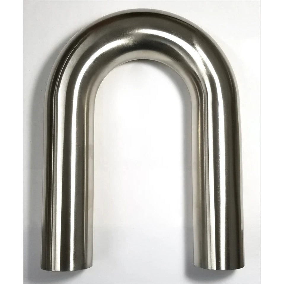 Stainless steel 3-inch diameter 180-degree mandrel bend with 4.5-inch center line radius and 6-inch straight legs.