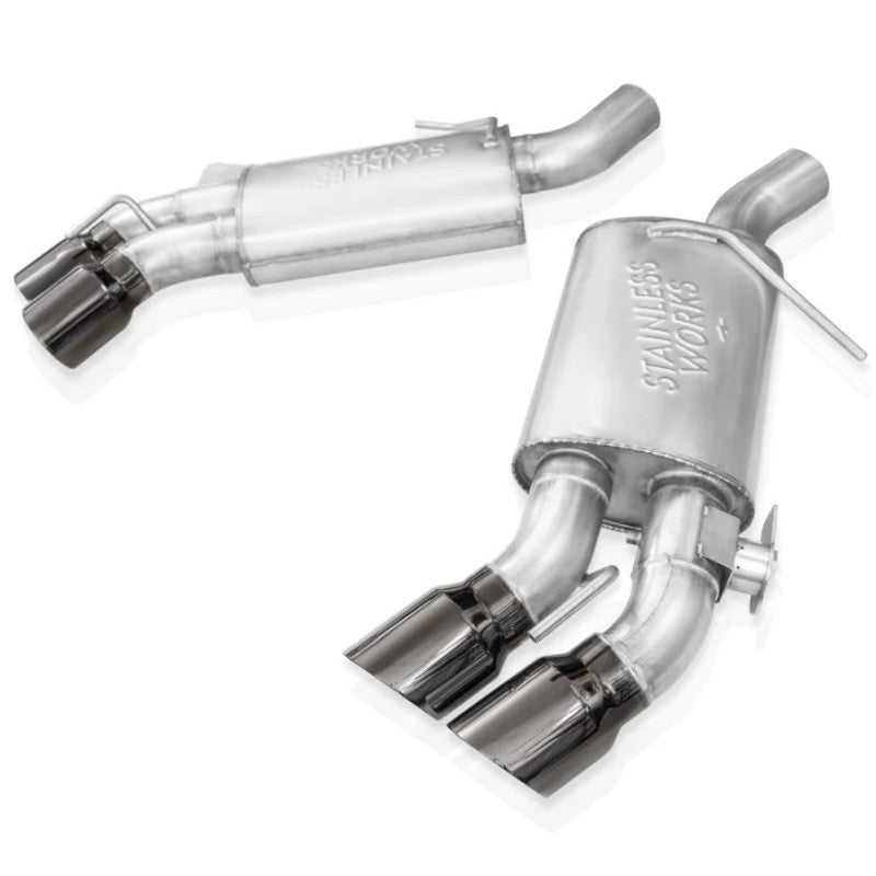 Stainless Works 3-inch stainless steel axle-back exhaust with integrated valves and quad 4-inch black tips