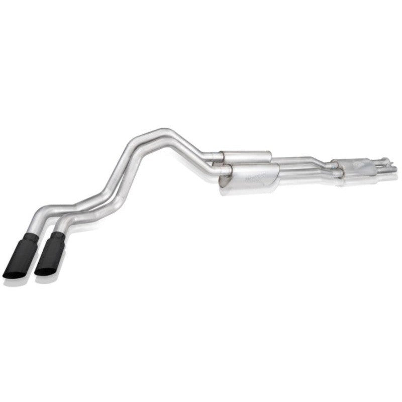 Stainless Works Legend Series catback exhaust with dual-wall 4-inch matte black tips for 2020-2022 Silverado/Sierra HD.